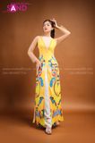 TAC0308 Áo Dài Cách Tân Họa Tiết Hoa Văn Vàng