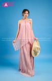 VBM0501 Váy Maxi Yếm 2 Tầng Xếp Ly Hồng