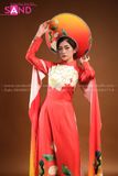 TAE0403 Áo Dài Thiết Kế Tay Lơi Hoạ Tiết Sen - Màu Đỏ Loang ( KÈM MẤN )
