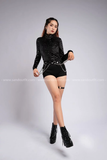 Outfit Phối Sẵn - (Quần Cạp Cao phối Bodysuit Ánh Kim Xích Nhiều Khoen)