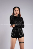Outfit Phối Sẵn - (Quần Cạp Cao phối Bodysuit Ánh Kim Xích Nhiều Khoen)