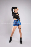 Outfit Phối Sẵn - (Quần Short Kim Sa Xanh phối Áo Một Cánh Tay Viền PQ)