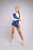 Outfit Phối Sẵn - (Quần Short Kim Sa Xanh phối Áo Sơmi Croptop Dài Tay)