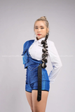 Outfit Phối Sẵn - (Quần Short Kim Sa Xanh phối Áo Sơmi Croptop Dài Tay)