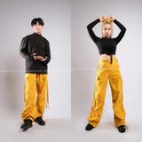 Outfit Phối Sẵn - (Quần Vàng Ống Rộng phối Áo Croptop Đen Dài Tay)