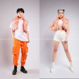Outfit Phối Sẵn - (Quần Short Trắng Phối HAP0603 Áo khoác Gile phao croptop không tay họa tiết màu loang - Cam)