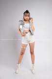 Outfit Phối Sẵn - (Short Thun Trắng phối Áo Khoác Gile Phao Bạc Bóng)