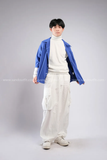 Outfit Phối Sẵn - (Quần Túi Hộp Ống Rộng Trắng phối Áo Sơmi Tay Lửng Xanh Dương)