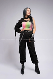Outfit Phối Sẵn - (Quần Kaki Túi Hộp Đen Áo 2 Dây Loang phối Cánh Tay Rời Đen)