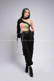 Outfit Phối Sẵn - (Quần Kaki Túi Hộp Đen Áo 2 Dây Loang phối Cánh Tay Rời Đen)