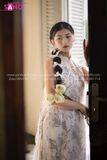 TYD0009 Set Yếm Voan Trắng Hoạ Tiết Hoa Nhí Đen Hở Vai