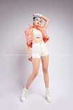 Outfit Phối Sẵn - (Quần Short Trắng Phối HAP0603 Áo khoác Gile phao croptop không tay họa tiết màu loang - Cam)