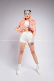 Outfit Phối Sẵn - (Quần Short Trắng Phối HAP0603 Áo khoác Gile phao croptop không tay họa tiết màu loang - Cam)