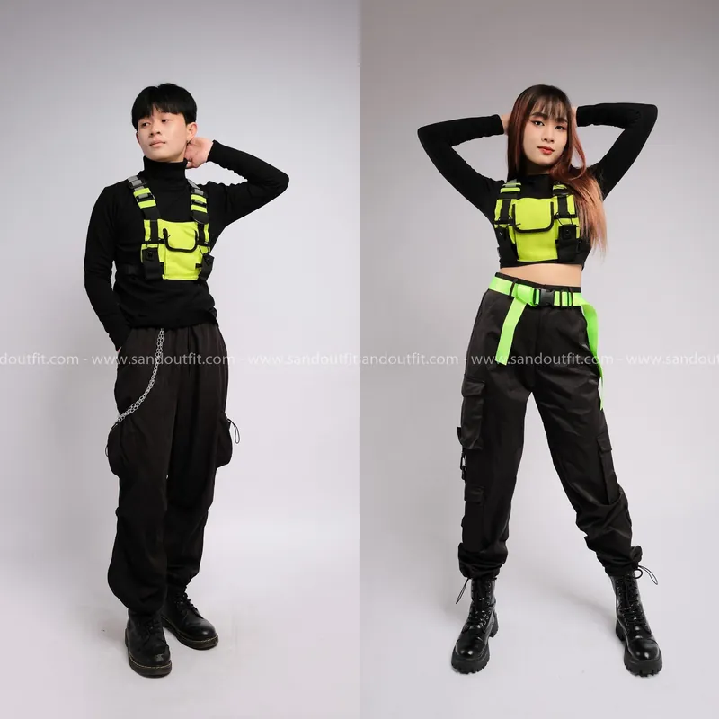  Outfit Cặp - (Set Đen Túi Đeo Ngực Neon 2) 