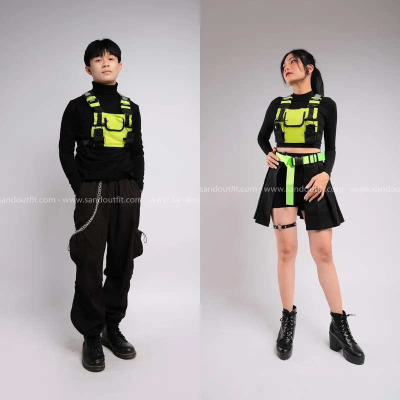  Outfit Cặp - (Set Đen Túi Đeo Ngực Neon) 