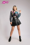 Outfit Phối Sẵn - (Chân Váy Da phối Áo Croptop Ánh Kim)