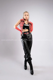 Outfit Phối Sẵn - (Quần Jogger Da phối Áo Sơmi Croptop Caro Đỏ)