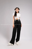 Outfit Phối Sẵn - (Quần Ống Suông Đen phối Áo Croptop Móc Trắng)
