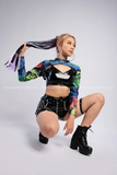 Outfit Phối Sẵn - (Quần Short Da Bóng phối Áo Quây Da Cutout Loang)