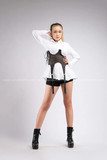 Outfit Phối Sẵn - (Váy Trắng Cổ Sơmi phối Corset Đen Thắt Dây)