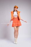 Outfit Phối Sẵn - (Váy Cam Xếp Li phối Croptop Phao Gile Cam)