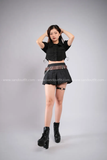 Outfit Phối Sẵn - (Chân Váy Jean Chữ A phối Sơmi Croptop Tay Phồng Đen)