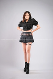 Outfit Phối Sẵn - (Chân Váy Jean Chữ A phối Sơmi Croptop Tay Phồng Đen)