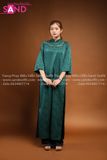 TAC0909 Áo Dài Gấm Suông Có Cổ - Màu Xanh Lá Đậm