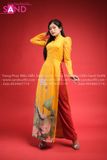 TAC0313 Áo Dài Tơ 4 Tà - Vàng Đậm In Hoa Sen Cách Tân Tay Bồng