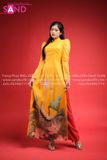 TAC0313 Áo Dài Tơ 4 Tà - Vàng Đậm In Hoa Sen Cách Tân Tay Bồng