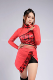 TNQ0407 Set bộ trung hoa cách tân hoa văn Đỏ phối lưới