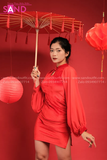 TNQ0404 Sườn Xám Nhung Đỏ Tay Phòng Phối Voan