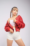 Outfit Phối Sẵn - (Quần Short Trắng phối Áo Khoác Đỏ Kim Sa)
