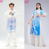 TAD0009 Áo Dài Hoạ Tiết Táp Trắng Chim Hạt Xanh - Nam