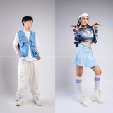 Outfit Phối Sẵn - (Quần Túi Hộp Ống Rộng Trắng phối Áo Gile Túi Hộp Xanh Biển)
