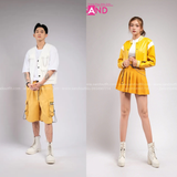 Outfit Phối Sẵn - (Set Quần Short Trắng Phối Áo Khoác Da Croptop Vàng )