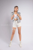 Outfit Phối Sẵn - (Short Thun Trắng phối Áo Khoác Gile Phao Bạc Bóng)