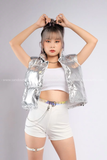 Outfit Phối Sẵn - (Short Thun Trắng phối Áo Khoác Gile Phao Bạc Bóng)