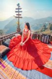 VBM0403 Váy Maxi Cổ Yếm Đỏ Hoạ Tiết Váy Xoè Khoét Eo