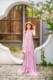 VBM0502 Váy Maxi Loang Màu Cổ Yếm Xếp Ly 2 Tầng Loang