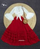 VBM0410 Váy Maxi Trắng Tay Dài Cổ Tim Phối Váy Đỏ