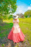 VBM0601 Váy Maxi Phối Màu Tay Bồng Cam Đỏ