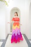 VBM1205 Váy Maxi Cúp Ngực Đỏ Nhiều Tầng Phối Màu