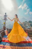 VBM0302 Váy Maxi Cổ Yếm Vàng Hoạ Tiết Váy Xoè Khoét Eo
