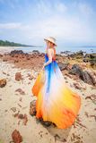 VBM1207 Váy Maxi Loang Màu Cổ Yếm Xếp Ly Dáng Xoè Xanh Cam