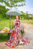VBM0406 Váy Maxi Cổ Yếm Hoạ Tiết Đỏ Trắng