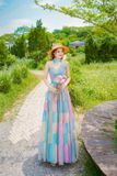 VBM1203 Váy Maxi Loang Màu Voan Cổ Chéo Xanh Hồng Nhạt
