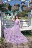 VBM0704 Váy Maxi Cổ Yếm Tím Voan Ôm Eo