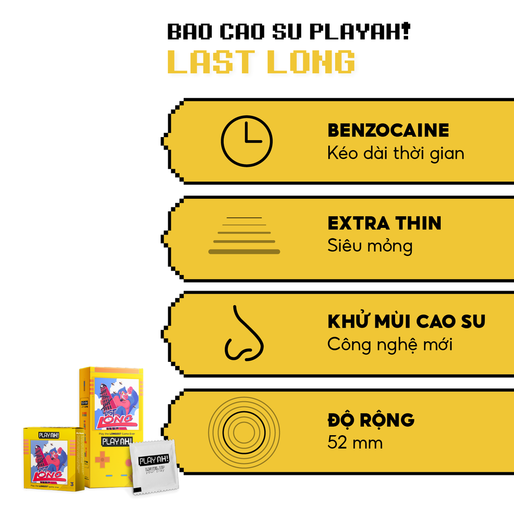 Bao Cao Su PlayAh Last Long Siêu Mỏng Kéo Dài Thời Gian Quan Hệ Hộp 10 size 52mm