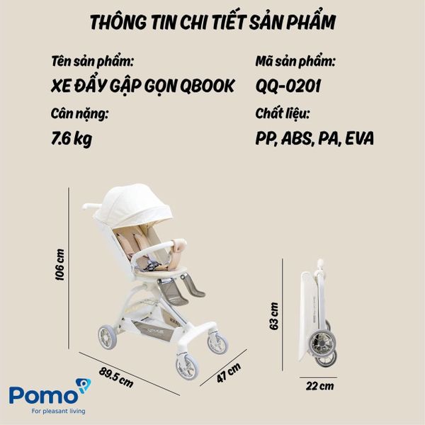  Xe đẩy gấp gọn Qplay Qbook Trắng - 0201 